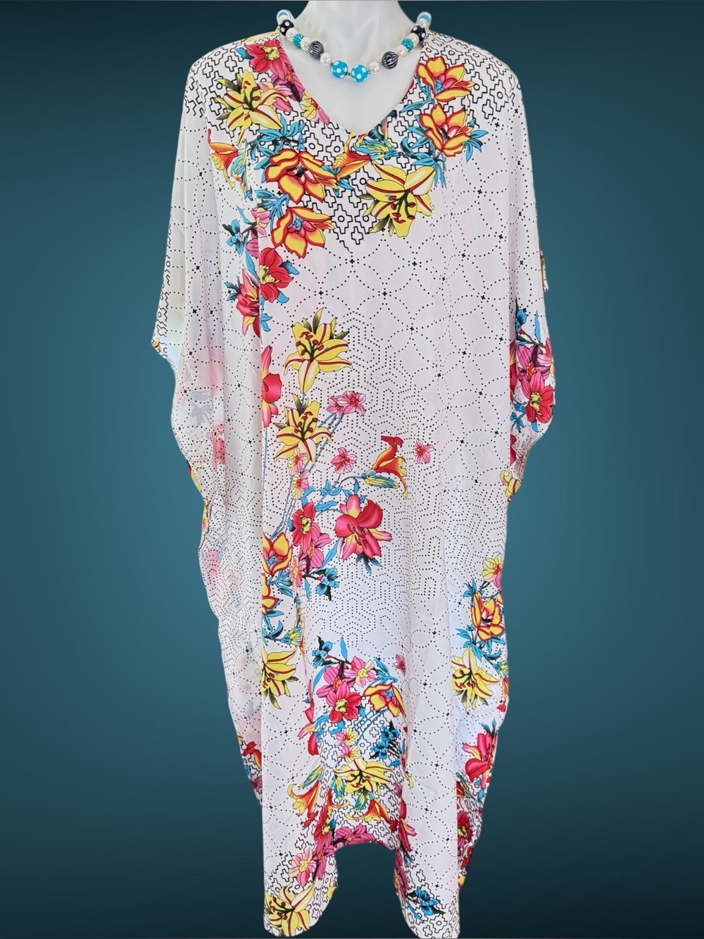 NWT Gypsie Blu White & Multi-print Floral Kaftan Beach Cover Up
